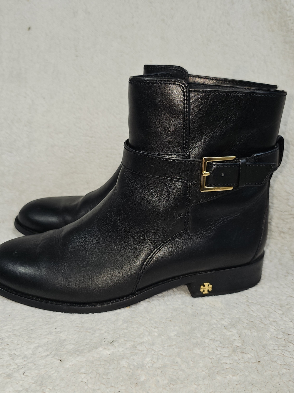 Tory Burch Black Leather Ankle Boots with Gold Buckle
